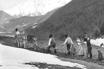 Bündner Bauernfamilie bei der Feldarbeit (Sammlung K. Hager)