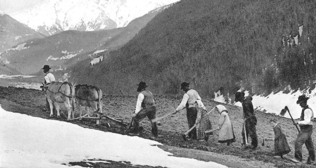 Bündner Bauernfamilie bei der Feldarbeit (Sammlung K. Hager)