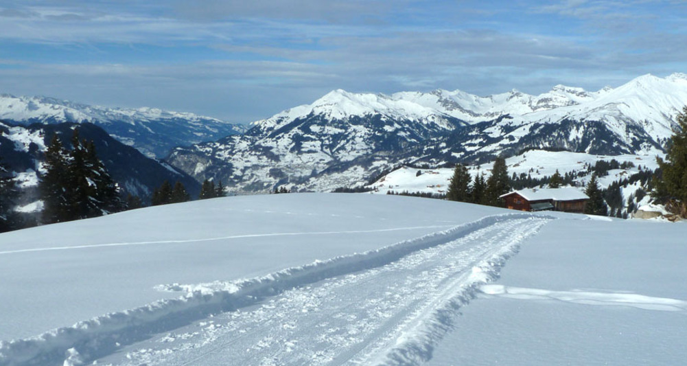 Kurz nach dem höchsten Punkt; Panoramablick aufs vordere Prättigau