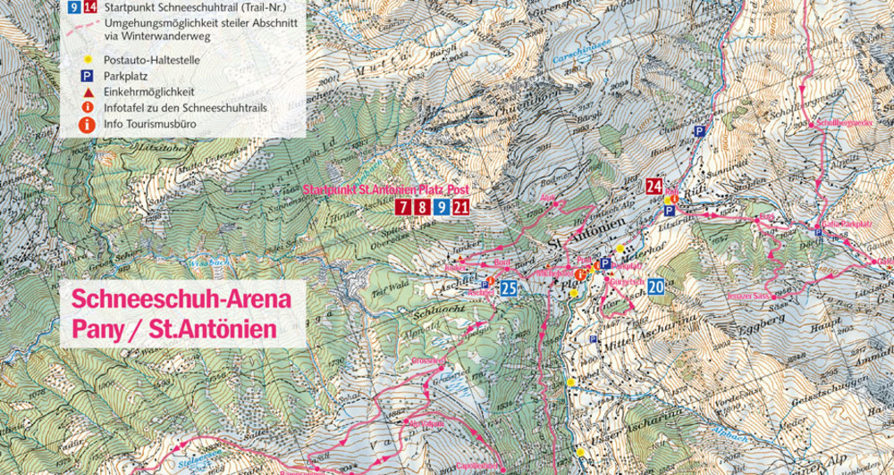 Übersichtskarte 1:50'000 der Schneeschuh-Arena Pany/St.Antönien: An den Startpunkten (Infotafeln) und im Prospekt zu finden.