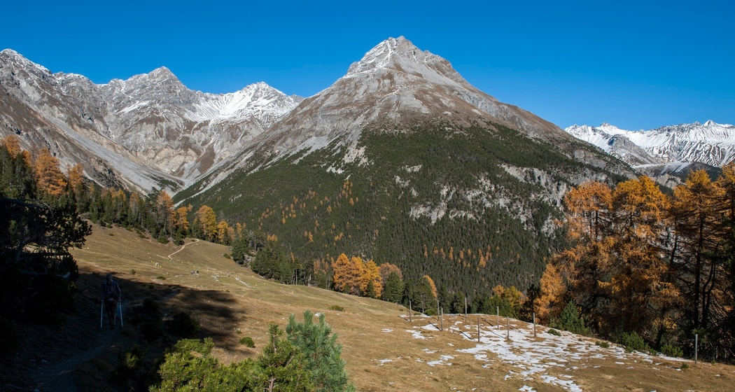 Von der ehemaligen Alp Grimmels aus dominiert linker Hand der Piz dal Fuorn.