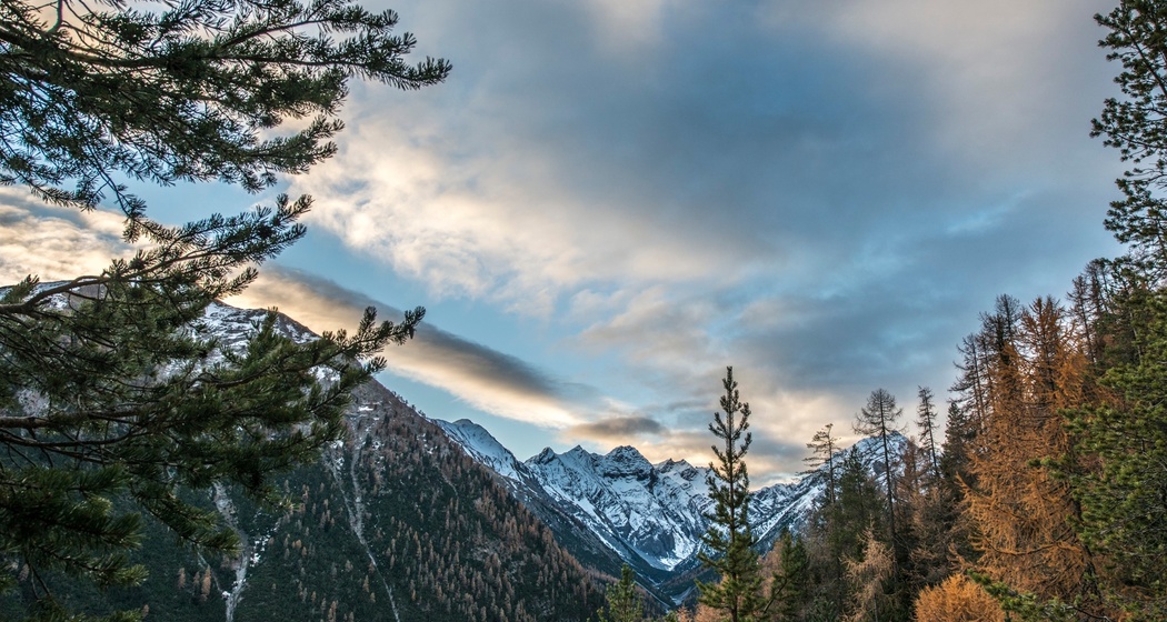 Herbstliche Morgenstimmung eingangs Val Trupchun. Im Talgrund der Piz dal Diavel.