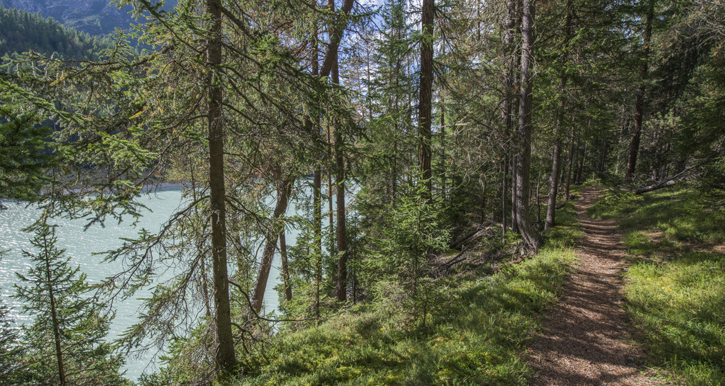Der Weg nach Margun Grimmels führt vorbei am türkis schimmernden Wasser des Ausgleichsbeckens Ova Spin.