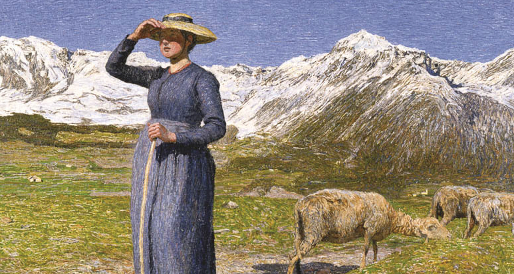 Mezzogiorno sulle Alpi – Mittag in den Alpen, 1891: (77,5 × 71,5 cm, Öl auf Leinwand, Segantini Museum St.Moritz, Depositum der Otto Fischbacher Giovanni Segantini Stiftung).
