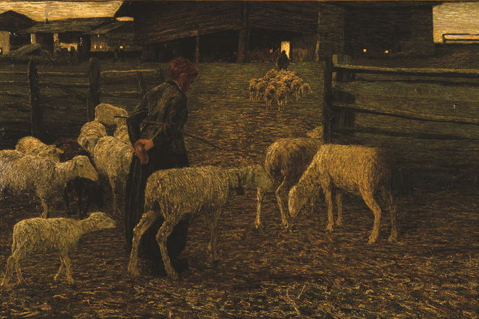 Ritorno all'ovile – Rückkehr zum Schafstall, 1888: (79,5×133 cm, Öl auf Leinwand, Segantini Museum St.Moritz, Depositum der Otto Fischbacher Giovanni Segantini Stiftung).