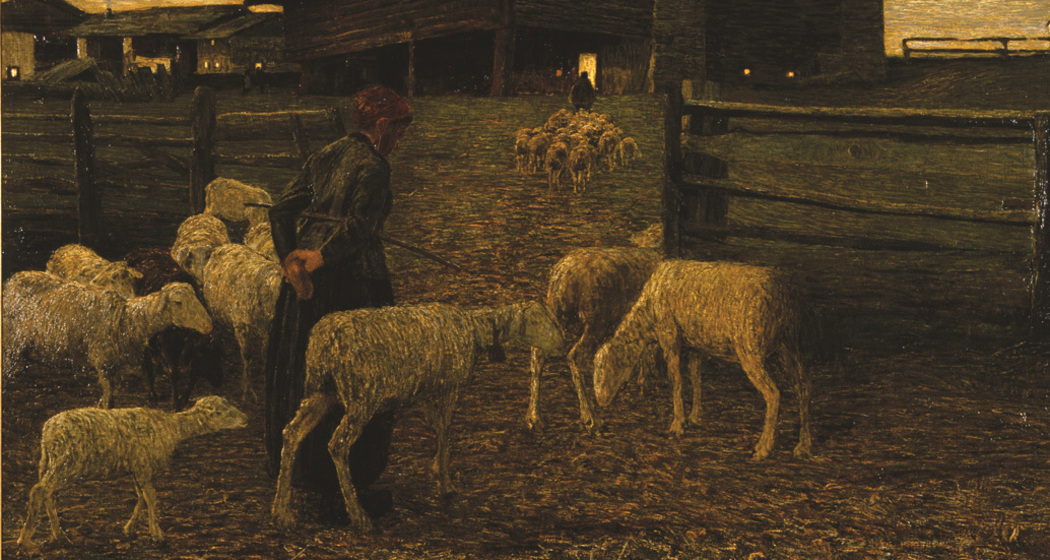 Ritorno all'ovile – Rückkehr zum Schafstall, 1888: (79,5×133 cm, Öl auf Leinwand, Segantini Museum St.Moritz, Depositum der Otto Fischbacher Giovanni Segantini Stiftung).