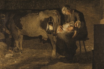 Le due madri – Die beiden Mütter, 1889: gewann 1896 die goldene Staatsmedaille der Vereinigung bildender Künstler «Osterreichs» (162,5 × 301 cm, Öl auf Leinwand, Gallerdia d'Arte Moderna, Mailand).
