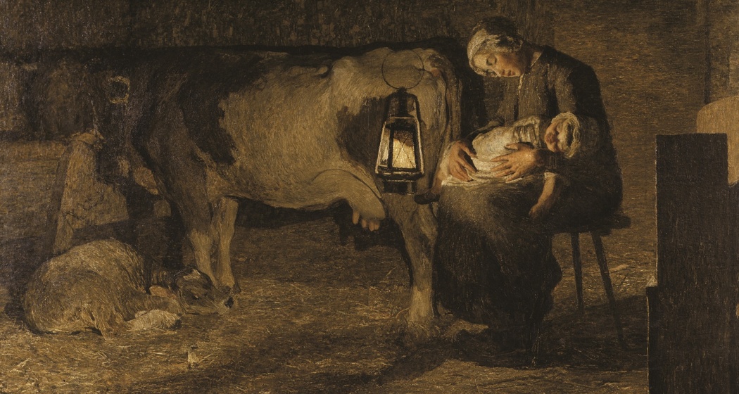 Le due madri – Die beiden Mütter, 1889: gewann 1896 die goldene Staatsmedaille der Vereinigung bildender Künstler «Osterreichs» (162,5 × 301 cm, Öl auf Leinwand, Gallerdia d'Arte Moderna, Mailand).