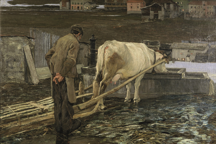 Allo sciogliersi delle nevi – Bei der Schneeschmelze, 1888: (66 × 98 cm, Öl auf Leinwand, Segantini Museum St.Moritz, Depositum der Otto Fischbacher Giovanni Segantini Stiftung).