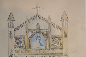 Skizze Fassadengestaltung Kirche Nossadonna, 1989: (49,8 × 39,6 cm, Tusche, Bleistift, Aquarell und Tinte auf Karton, Gemeinde Surses).