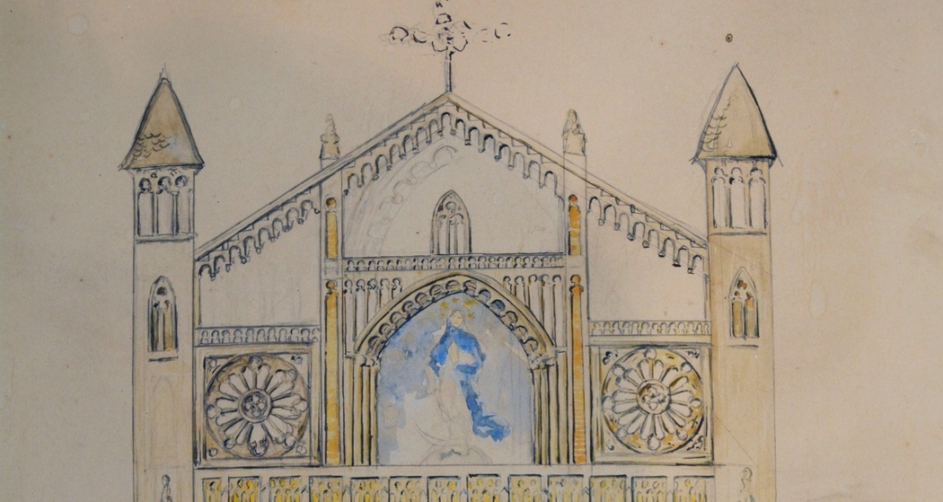 Skizze Fassadengestaltung Kirche Nossadonna, 1989: (49,8 × 39,6 cm, Tusche, Bleistift, Aquarell und Tinte auf Karton, Gemeinde Surses).