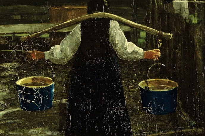 La portatrice d'acqua – Die Wasserträgerin, 1886/87: (74×45,5 cm, Öl auf Leinwand, Segantini Museum St.Moritz, Depositum der Gottfried Keller-Stiftung).