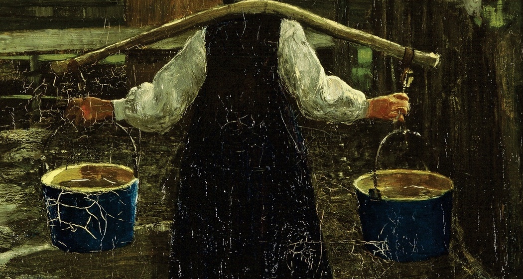 La portatrice d'acqua – Die Wasserträgerin, 1886/87: (74×45,5 cm, Öl auf Leinwand, Segantini Museum St.Moritz, Depositum der Gottfried Keller-Stiftung).