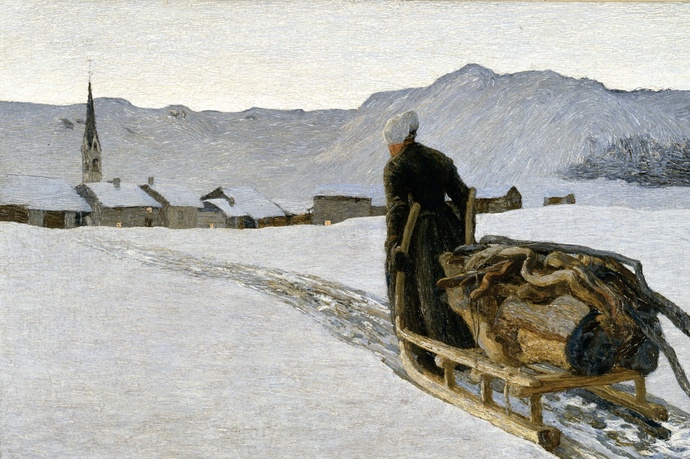 Ritorno dal bosco – Rückkehr vom Wald, 1890: (64 × 95 cm, Öl auf Leinwand, Segantini Museum St.Moritz, Depositum der Otto Fischbacher Giovanni Segantini Stiftung).