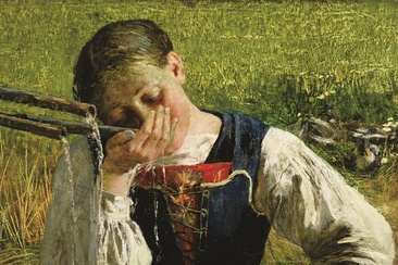 Costume grigionese – Bündnerin am Brunnen, 1887: (54 × 79 cm, Öl auf Leinwand, Segantini Museum St. Moritz, Depositum der Otto Fischbacher Giovanni Segantini Stiftung).