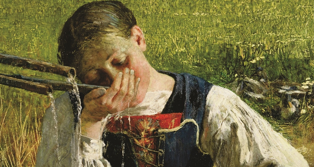 Costume grigionese – Bündnerin am Brunnen, 1887: (54 × 79 cm, Öl auf Leinwand, Segantini Museum St. Moritz, Depositum der Otto Fischbacher Giovanni Segantini Stiftung).