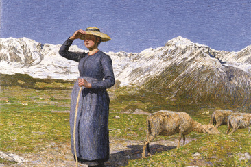 Mezzogiorno sulle Alpi – Déjeuner dans les Alpes, 1891 : (77,5 × 71,5 cm, huile sur toile, Musée Segantini de Saint-Moritz, dépôt de la Fondation Otto Fischbacher Giovanni Segantini).