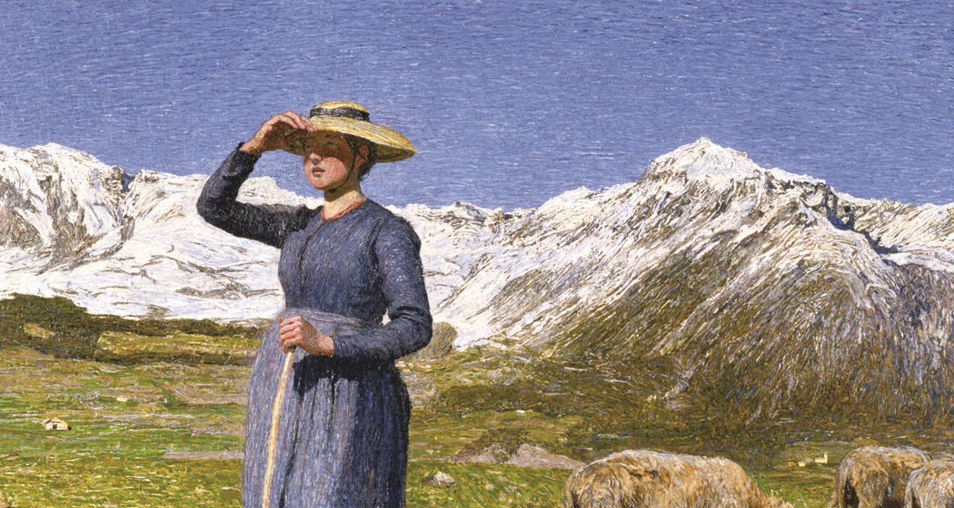 Mezzogiorno sulle Alpi – Mittag in den Alpen, 1891: (77,5 × 71,5 cm, Öl auf Leinwand, Segantini Museum St.Moritz, Depositum der Otto Fischbacher Giovanni Segantini Stiftung).