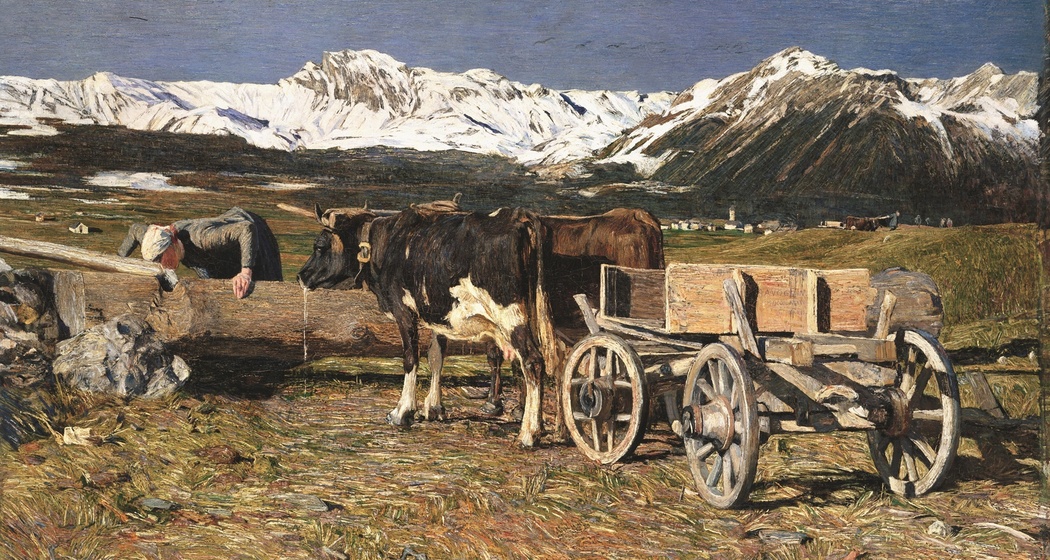 Vacche aggiogate – Kühe an der Tränke, 1888: (83 × 139,5 cm, Öl auf Leinwand, Kunstmuseum Basel, Depositum der Gottfried Keller-Stiftung).