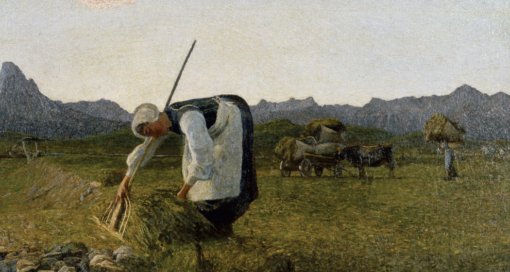 La raccolta del fieno – Die Heuernte, 1888/89 /1898: (137 X 149 cm, Öl auf Leinwand, Segantini Museum St.Moritz, Depositum der Gemeinde St.Moritz).