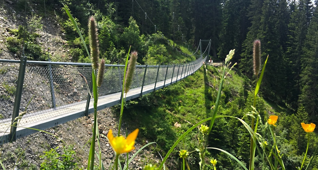 Imposant schwingt sich die Brücke 70 Meter weit über das Tobel.