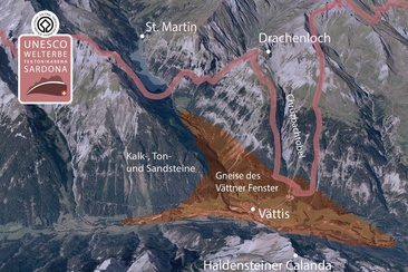 Das Vättner Fenster (orange) und das Welterbe Sardona (weinrot)