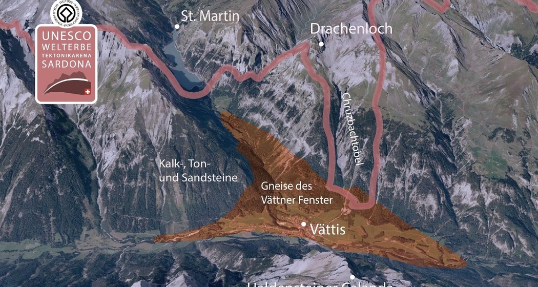 Das Vättner Fenster (orange) und das Welterbe Sardona (weinrot)