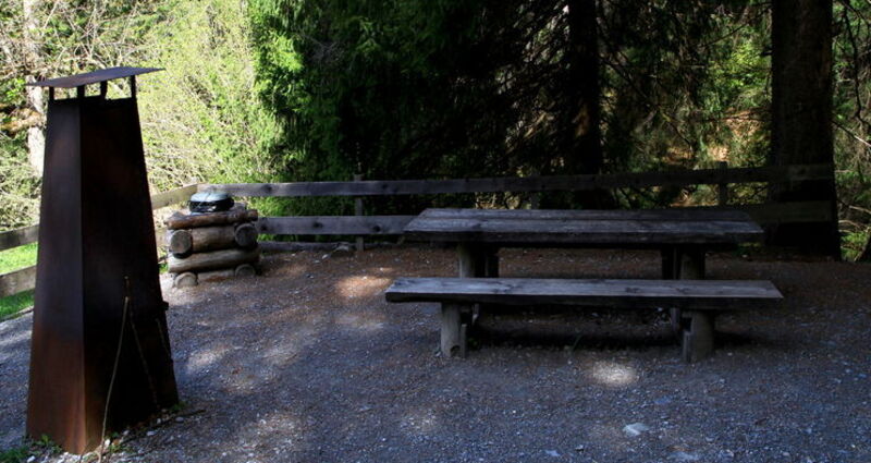 Grillplatz mit Steinbänkli rundherum auf einem Kiesplatz.