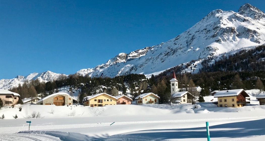 Blick von der Loipe auf Maloja