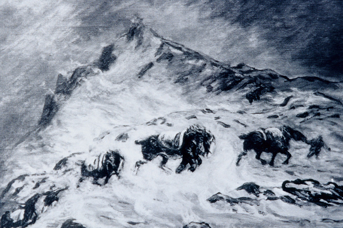 Ein Saumzug kämpft sich durch den Schnee.