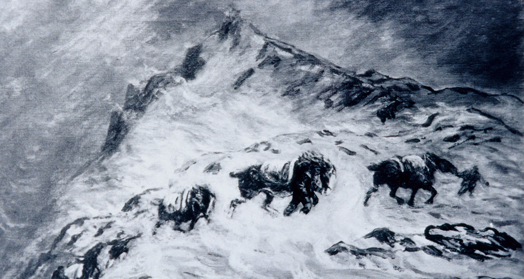 Ein Saumzug kämpft sich durch den Schnee.