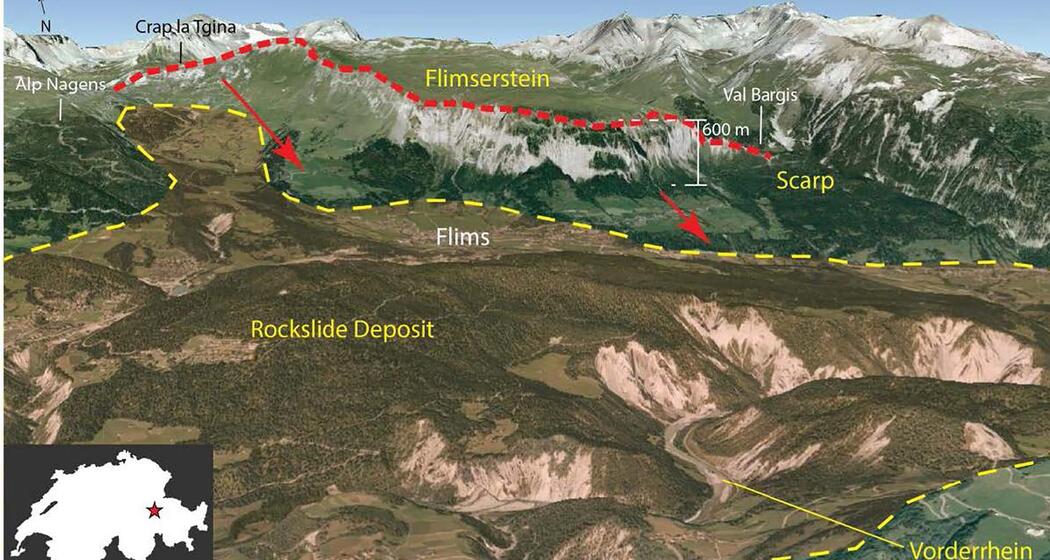 Absturz- und Ablagerungsgebiet des Flimser Bergsturzes