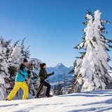 Schneeschuhwanderer auf der Hochebene Dreibündenstein