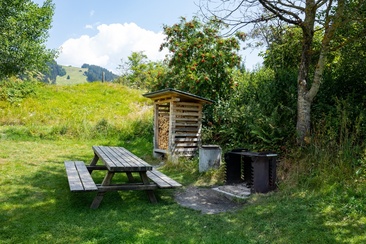 Das Foto zeigt die Feuerstelle beim Badesee in Brigels