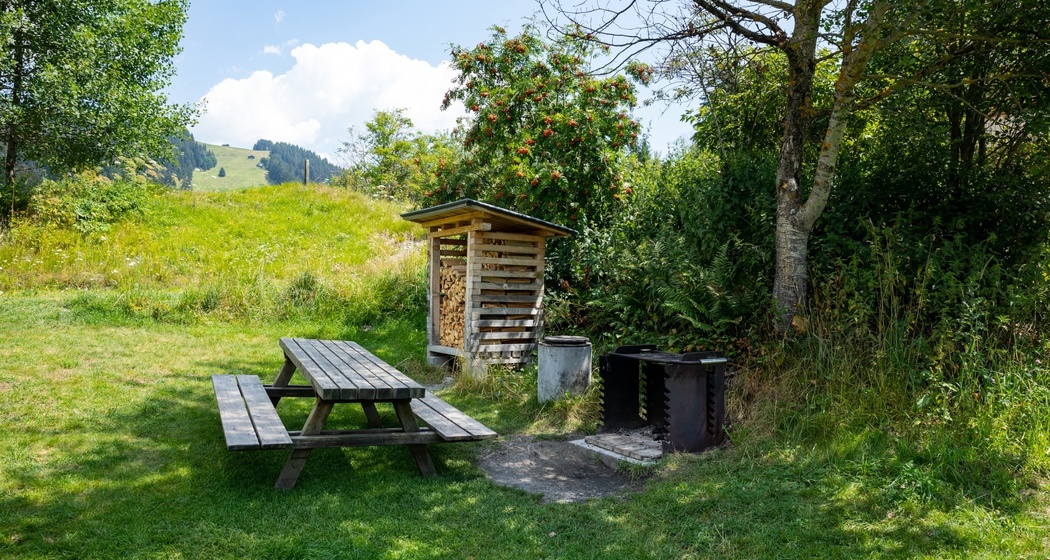 Das Foto zeigt die Feuerstelle beim Badesee in Brigels