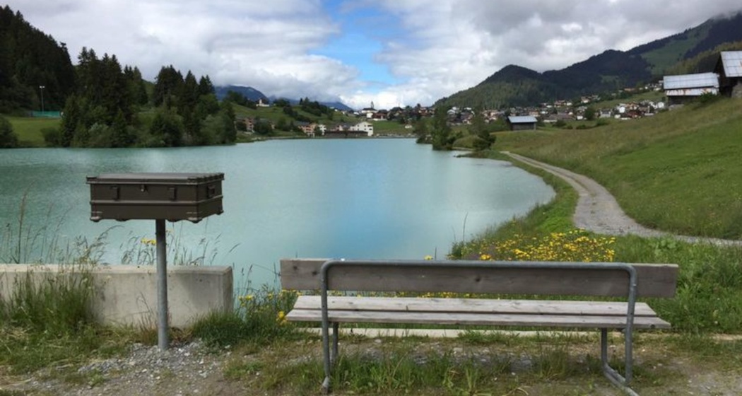 Das Foto zeigt die Lesebank, welches sich direkt vor dem Brigelser See befindet