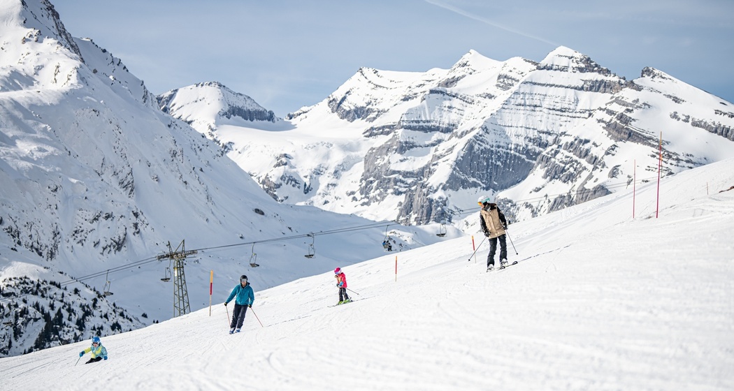 Das Bild zeigt 4 Menschen die mit den Skiern die Piste runter fahren