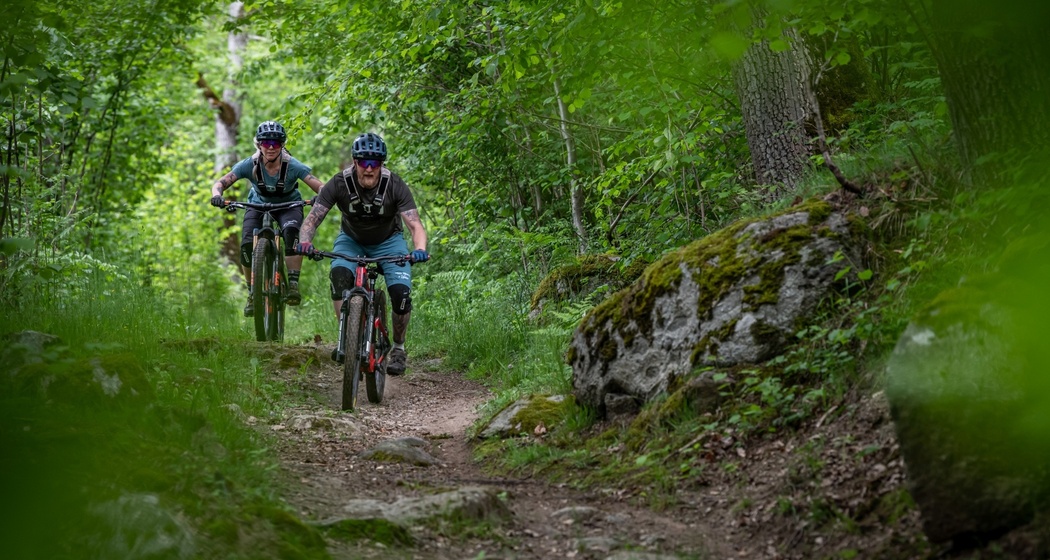 zwei Mountainbiker im Wald am runterfahren