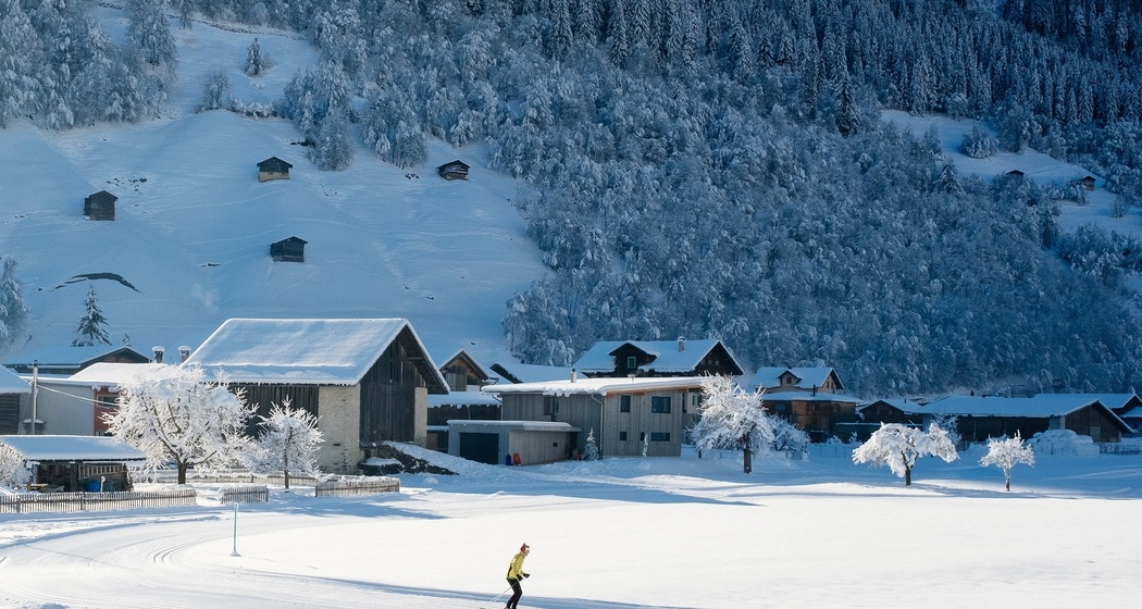 Aufnahme in Surrein im Winter von der Loipe.