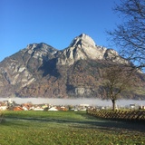 Mächtig steht der Gonzen über dem mit Bodennebel verschleiertem Dorf Mels