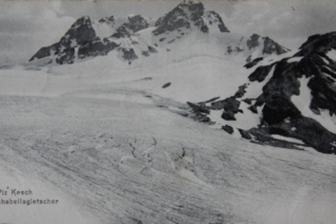 Il ghiacciaio di Porchabella e il rifugio Kesch intorno al 1900.