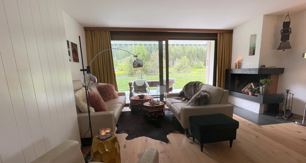 Blick auf die Terrasse und dem Kamin