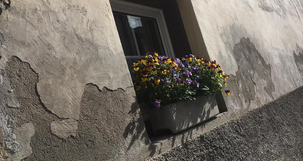 Hauswand mit Blumendekotration