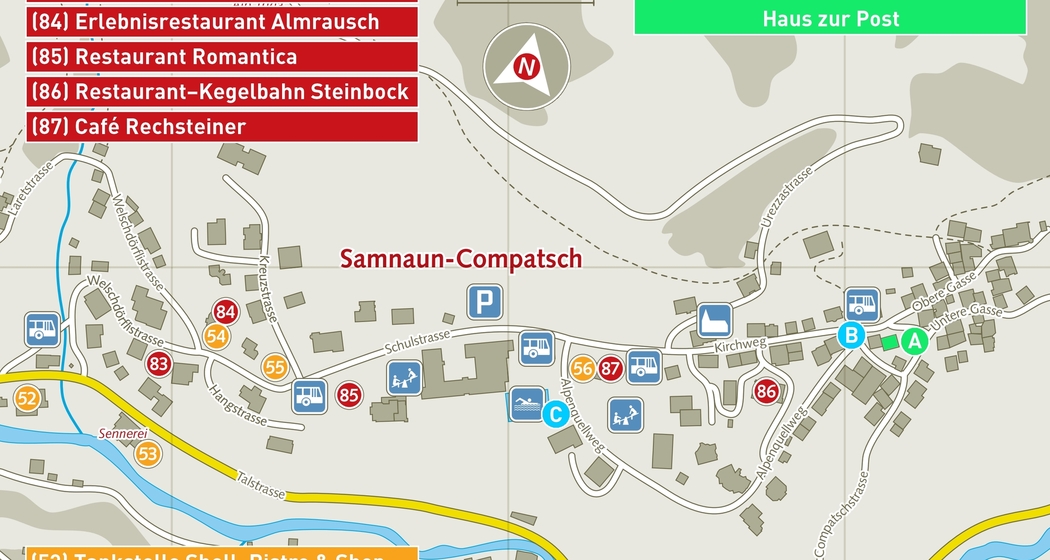Dorfplan-Lageplan mit Sehenswürdigkeiten Samnaun-Compatsch - BERGWALDZAUBER
