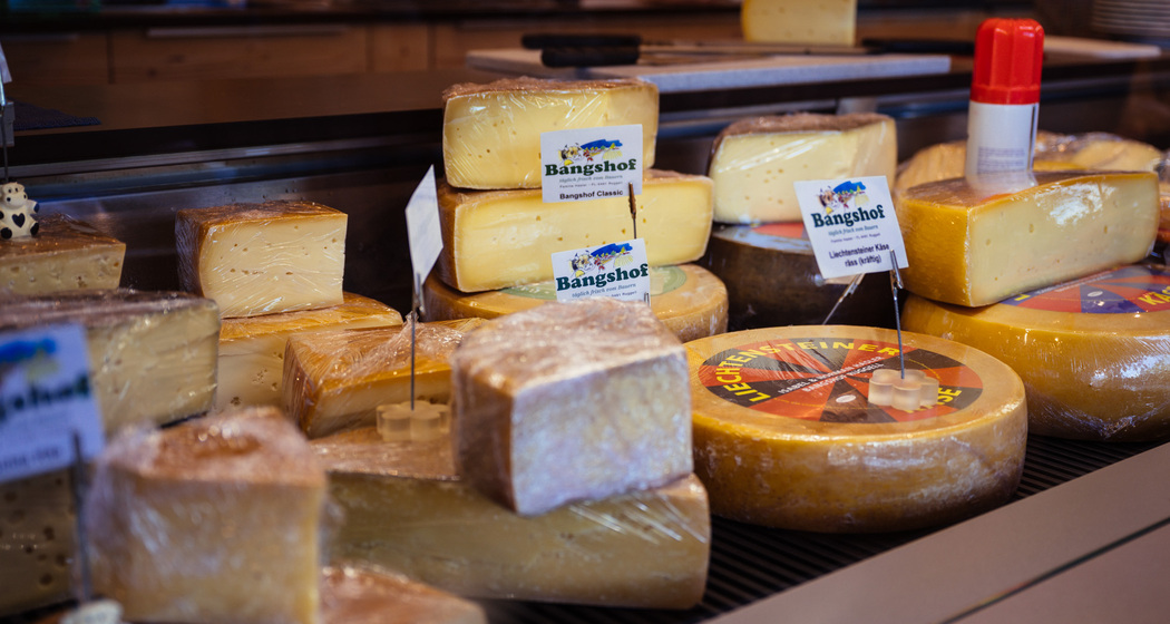 Vielfältige Auswahl an regionalen Käsesorten in der Theke des Hofladen Bangshof in Liechtenstein, frisch und handgemacht.