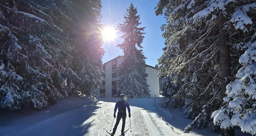 Hausansicht mit Wanderweg und Loipe