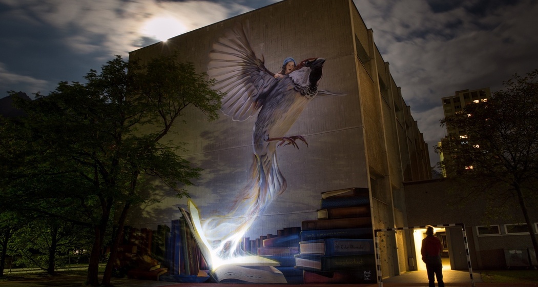 Schulhaus Lachen - Graffiti «I have a dream» in der Dunkelheit