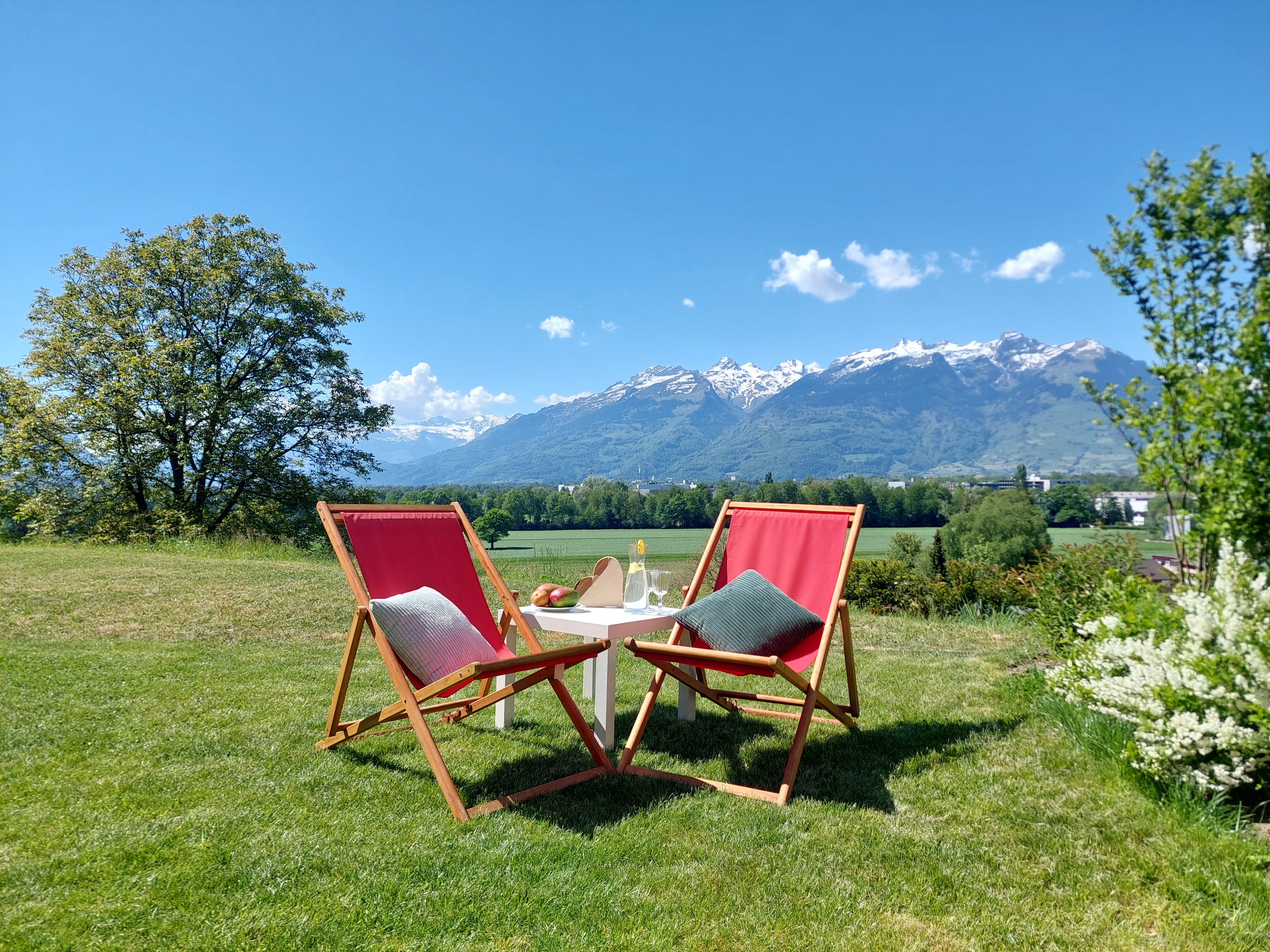 Liegestühle im Garten der Herzli-Suite mit den Alpen im Hintergrund